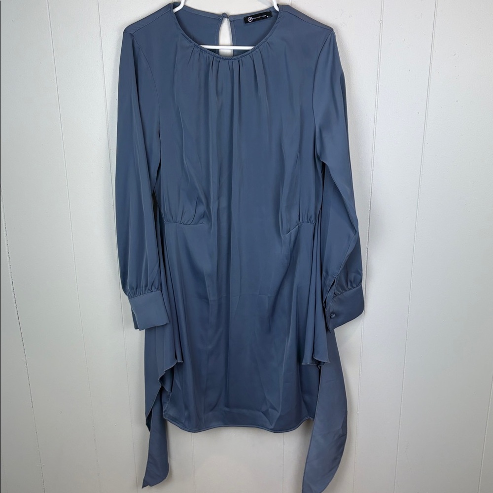 Stone Blue Satin Faux Wrap Dress - Picture 6 of 6